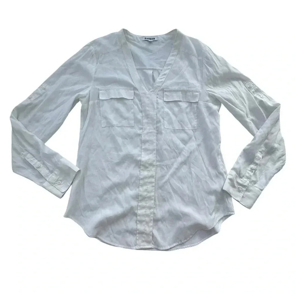 Express white two patch pocket shirt blouse with roll up sleeve Small - Picture 5 of 12